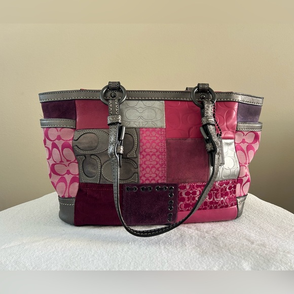 Coach Patchwork Shoulder Bag Purse Calico Pink Grey Metallic Leather Suede - Picture 6 of 13